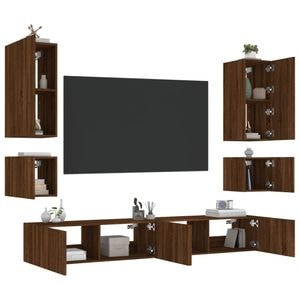 Comode TV de perete cu lumini LED vidaXL, 6 piese, lemn, stejar maro