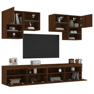Comode TV de perete cu lumini LED vidaXL, 6 piese, lemn, stejar maro