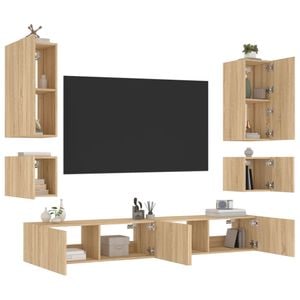 Comode TV de perete cu lumini LED vidaXL, 6 piese, maro, stejar sonoma