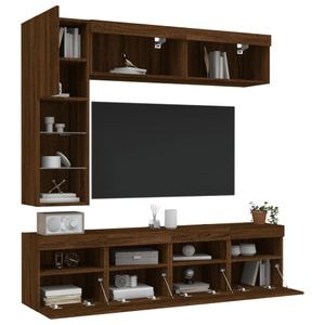 Comode TV de perete cu lumini LED vidaXL, 7 piese, lemn, stejar maro