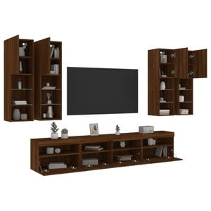 Comode TV de perete cu lumini LED vidaXL, 7 piese, lemn, stejar maro