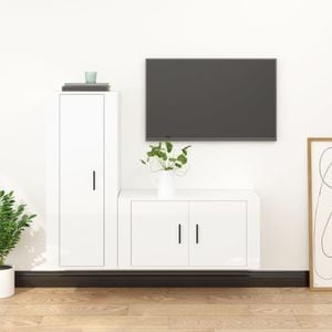 Set comoda TV vidaXL, 2 piese, lemn prelucrat, alb extralucios
