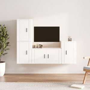 Set comoda TV vidaXL, 4 piese, lemn prelucrat, alb extralucios