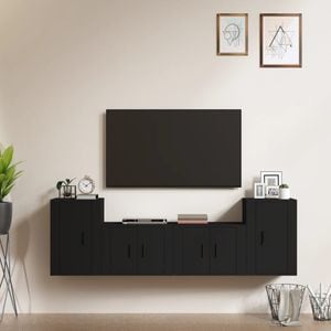 Set Comoda TV vidaXL, 4 piese, lemn prelucrat, negru