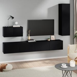 Set Comoda TV vidaXL, 4 piese, lemn prelucrat, negru