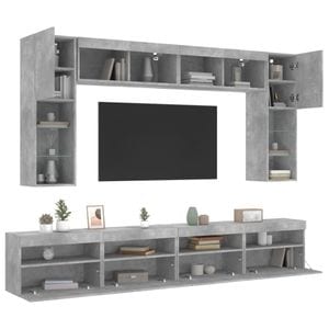 Set comode TV de perete cu lumini LED vidaXL, 8 piese, lemn, gri beton