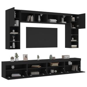 Set comode TV de perete cu lumini LED vidaXL, 8 piese, lemn, negru