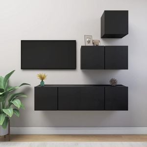 Set Comode TV vidaXL, 4 piese, lemn prelucrat, negru