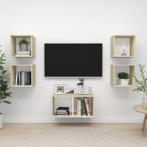 Set Comode TV vidaXL, 5 piese, si stejar sonoma, lemn prelucrat, alb