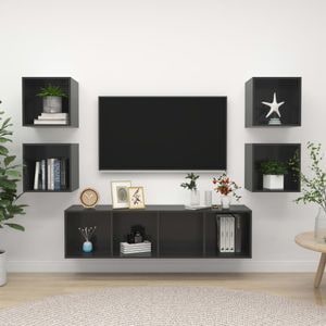Set Comode TV vidaXL, 5 piese, lemn prelucrat, gri extralucios