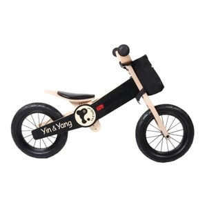 Bicicleta pedagogica fara pedale pentru copii NOVOKIDS YinYang Wooden Bike , Din lemn masiv, roti 12" inch din cauciuc gonflabil, 2-6 ani, Maxim 20 kg, Plasa depozitare detasabila, Natur