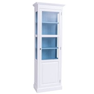 Vitrina cu 1 usa, culoare exterior alb P004, culoare interior albastru deshcis P053, dublu color, 100% lemn masiv, 75x220x40 cm