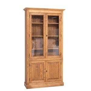 Vitrina cu 2 usi + 2 usi sticla, culoare maro deschis P001, ceruit, 100% lemn masiv, 110x210x39 cm