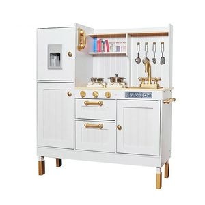 Bucatarie pentru Copii din Lemn , EleganteCuisine, Iluminare cu Spoturi LED, Efecte de Lumina si Sunet, Cuptor, Chiuveta , Telefon, Multiple Accesorii, 103 CM Inaltime, Alb/Auriu
