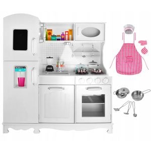 Bucatarie vintage pentru copii, cu iluminare Led,  Arzatoare cu lumini si sunete realiste, Multiple accesorii de calitate din lemn, Sort, Boneta, Telefon, Chiuveta, WoodPlay