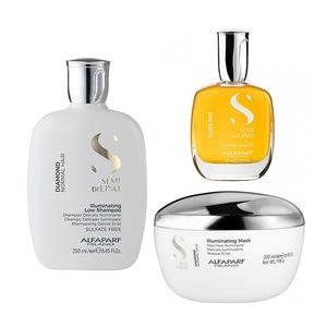 Set pentru stralucire Alfaparf Semi Di Lino Diamond Iluminating cu 250 ml Sampon + 200 ml Masca + 50 ml Serum, 500 ml