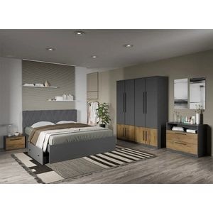 Set mobila dormitor complet LAGUNA, cu dulap, comoda si noptiere, Gri cu Flagstaff Oak, Sidney, C29, Pat 160x200 cm