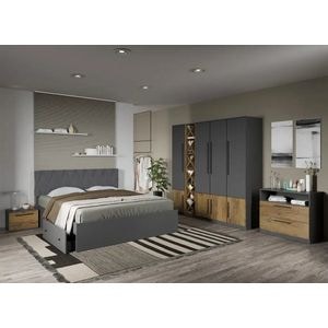Set mobila dormitor complet LAGUNA, cu dulap, comoda si noptiere, Gri cu Flagstaff Oak, Sidney, C31, Pat 160x200 cm