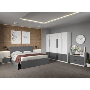 Set mobila dormitor complet LAGUNA, cu dulap, comoda si noptiere, Sidney, C33, Pat 160x200 cm, Alb-Gri