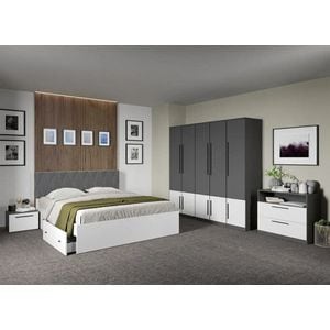 Set mobila dormitor complet LAGUNA, cu dulap, comoda si noptiere, Sidney, C41, Pat 160x200 cm, Alb-Gri