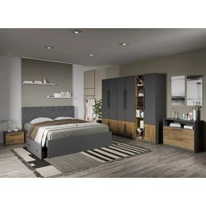 Set mobila dormitor complet LAGUNA, cu dulap, comoda, raft si noptiere, Gri cu Flagstaff Oak, Sidney, C47, Pat 160x200 cm