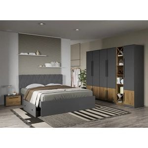 Set mobila dormitor LAGUNA, cu dulap, raft si noptiere, fara comoda, Gri cu Flagstaff Oak, Sidney, C48, Pat 160x200 cm