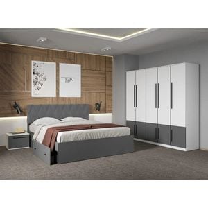 Set mobila dormitor LAGUNA, cu dulap si noptiere, fara comoda, Alb cu Gri Antracit, Sidney, C34, Pat 160x200