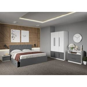 Set mobila dormitor complet LAGUNA, cu dulap, comoda si noptiere, Sidney, C01, Pat 160x200 cm, Alb-Gri