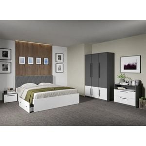 Set mobila dormitor complet LAGUNA, cu dulap, comoda si noptiere, Sidney, C09, pat 160x200 cm, Alb-Gri
