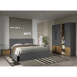 Set mobila dormitor LAGUNA, cu dulap, raft si noptiere, fara comoda, Gri cu Flagstaff Oak, Sidney, C16, pat 160x200 cm