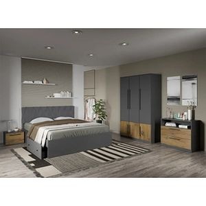 Set mobila dormitor complet LAGUNA, cu dulap, comoda si noptiere, Gri cu Flagstaff Oak, Sidney, C13, pat 160x200 cm