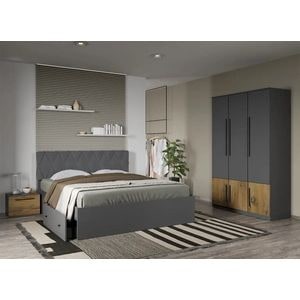 Set mobila dormitor LAGUNA, cu dulap si noptiere, fara comoda, Gri cu Flagstaff Oak, Sidney, C14, pat 160x200 cm