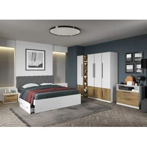 Set mobila dormitor complet LAGUNA, cu dulap, raft, comoda si noptiere, Alb cu Flagstaff Oak, Sidney, C23, pat 160x200 cm