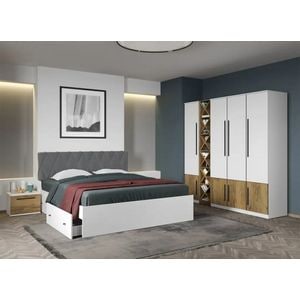 Set mobila dormitor LAGUNA, cu dulap, raft si noptiere, fara comoda, Alb cu Flagstaff Oak, Sidney, C24, pat 160x200 cm