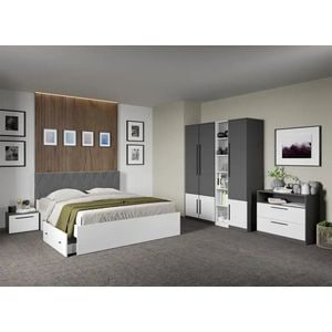 Set mobila dormitor complet LAGUNA, cu dulap, comoda si noptiere, Sidney, C25, pat 160x200 cm, Alb-Gri