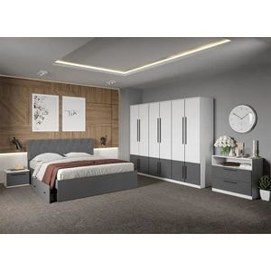 Set mobila dormitor complet LAGUNA, cu dulap, comoda si noptiere, Sidney, C49, pat 160x200 cm, Alb-Gri