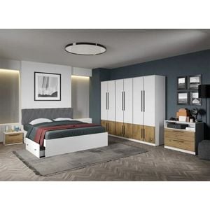 Set mobila dormitor complet LAGUNA, cu dulap, comoda si noptiere, Alb cu Flagstaff Oak, Sidney, C53, Pat 160x200 cm