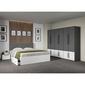 Set mobila dormitor LAGUNA, cu dulap si noptiere, fara comoda, Sidney, C58, Pat 160x200 cm, Alb-Gri