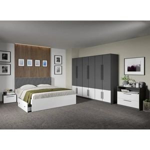 Set mobila dormitor complet LAGUNA, cu dulap, comoda si noptiere, Sidney, C57, Pat 160x200 cm, Alb-Gri