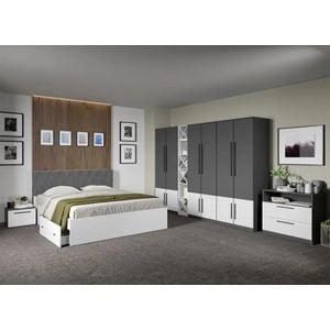 Set mobila dormitor LAGUNA, cu dulap, comoda, noptiere si corp polite Sidney, C59, Pat 160x200 cm, Alb-Gri
