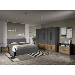 Set mobila dormitor LAGUNA, cu dulap, comoda si noptiere, Gri cu Flagstaff Oak, Sidney, C61, Pat 160x200 cm