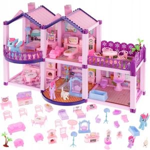 Casuta de Papusi din Plastic Palace Of The Fairies idealSTORE, Situata pe 2 Etaje cu 5 Camere si o Terasa Spatioasa, Include un Mobilier Bogat, Catelus, 2 Ponei