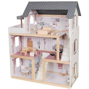 Casuta de Papusi din Lemn Queen's Palace idealSTORE, Dimensiuni 62 x 27 x 77 cm, Constructie din lemn MDF pe 3 Nivele, Dotata cu 3 Camere, Terasa si Scara Interioara