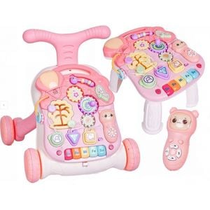 Antemergator multifunctional 2in1 transformabil in masuta educativa, telecomanda detasabila, panou pentru invatarea numerelor si formelor, lumini si sunete, "Musical Walker", Roz