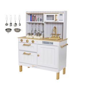 Bucatarie pentru Copii din Lemn Natural VintageCuisine KinderVibe, Arzatoare cu Lumini si Sunete, Cuptor cu Microunde, Chiuveta detasabila, Accesorii de Gatit Incluse, Alb