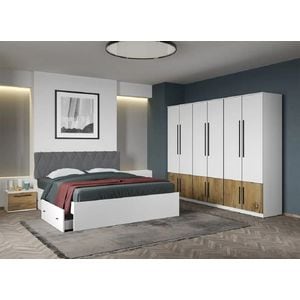 Set mobila dormitor LAGUNA, cu dulap si noptiere, fara comoda, Alb cu Flagstaff Oak, Sidney, C54, Pat 160x200 cm