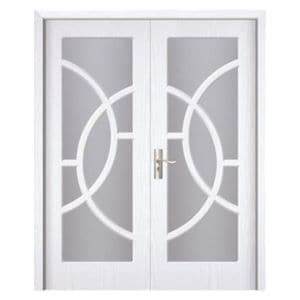 Usa Dubla de interior din MDF Novo Doors ND220, Geam Sablat, Cadru din lemn masiv, Kit complet, Toc fix 10 cm inclus, Manere si balamale incluse, 160x200 cm, Alb