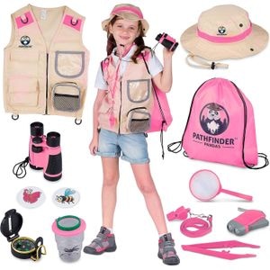 Set de cercetare pentru explorarea naturii, kit explorator aventurier cu vesta, palarie, binoclu, lanterna, fluier, busola, penseta, lupa, geanta de depozitare, roz