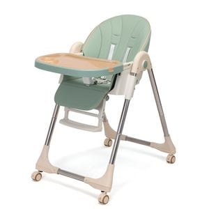 Scaun de Masa Pliabil 5 in 1, 5 Pozitii inclinare Spatar, Stabil, Centura de Siguranta in 5 Puncte, Ajustabil pe Inaltime, Tavita Reglabila si Detasabila,  Roti, Mint Green