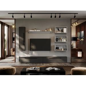 Set Mobila Living Graphic C44, 240x25x185 cm, Gri antracit cu Alb